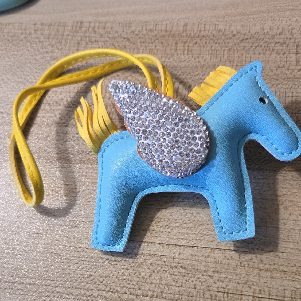 Blue Pegasus Leather Keychain /Bag Charm with Silver AB Rhinestone Wings 💫 NWOT